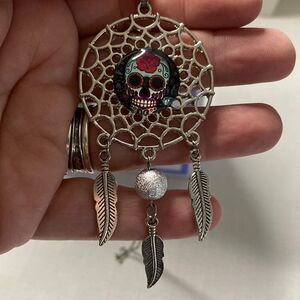 Sugar Skull Dream Catcher Silver Necklace Rose Pendant Day of the Dead Halloween